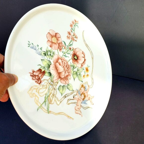 Vintage Hand Painted Porcelain Platter with Flowers and Angels 11.5 Inch Round - Picture 9 of 12
